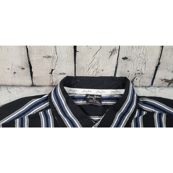 Sean John Black White Striped Button Up Collared Thick Shirt MENS SIZE LARGE - Picture 4 of 6